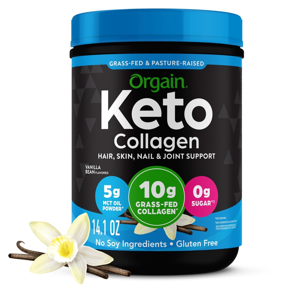 Orgain Keto Collagen Protein Powder, Vanilla - 10g Grass Fed Hydrolyzed Collagen Peptides for Women & Men, Type I & III, 5g MCT Oil - Hair, Skin, Nail, & Joint support, Non-GMO, Gluten Free - 0,88lb