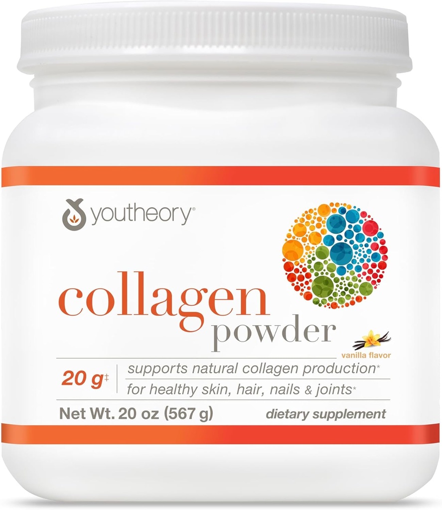 Youtheory Collagen Powder - με Αμινοξέα, Ορυκτά, Βιταμίνη C & B7 (Biotin) - Υποστηρίζει υγιή οστά, μύες, μαλλιά, νύχια, δέρμα & αρθρώσεις* - Hydrolyzed - Βανίλια - 20 oz (21 εξυπηρετούν)