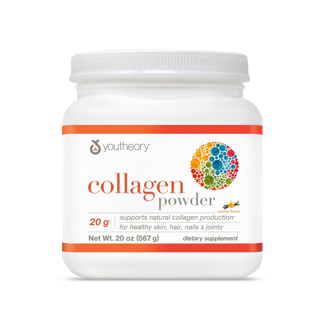 Youtheory Collagen Powder - 20 g Hydrolyzed Collagen Peptides - with Vitamin C, Biotin & Amino Acids - Supports Joint & Bone Health* - Bioavailable Nutrition - Vanilla - 20 oz (21-Day Supply)