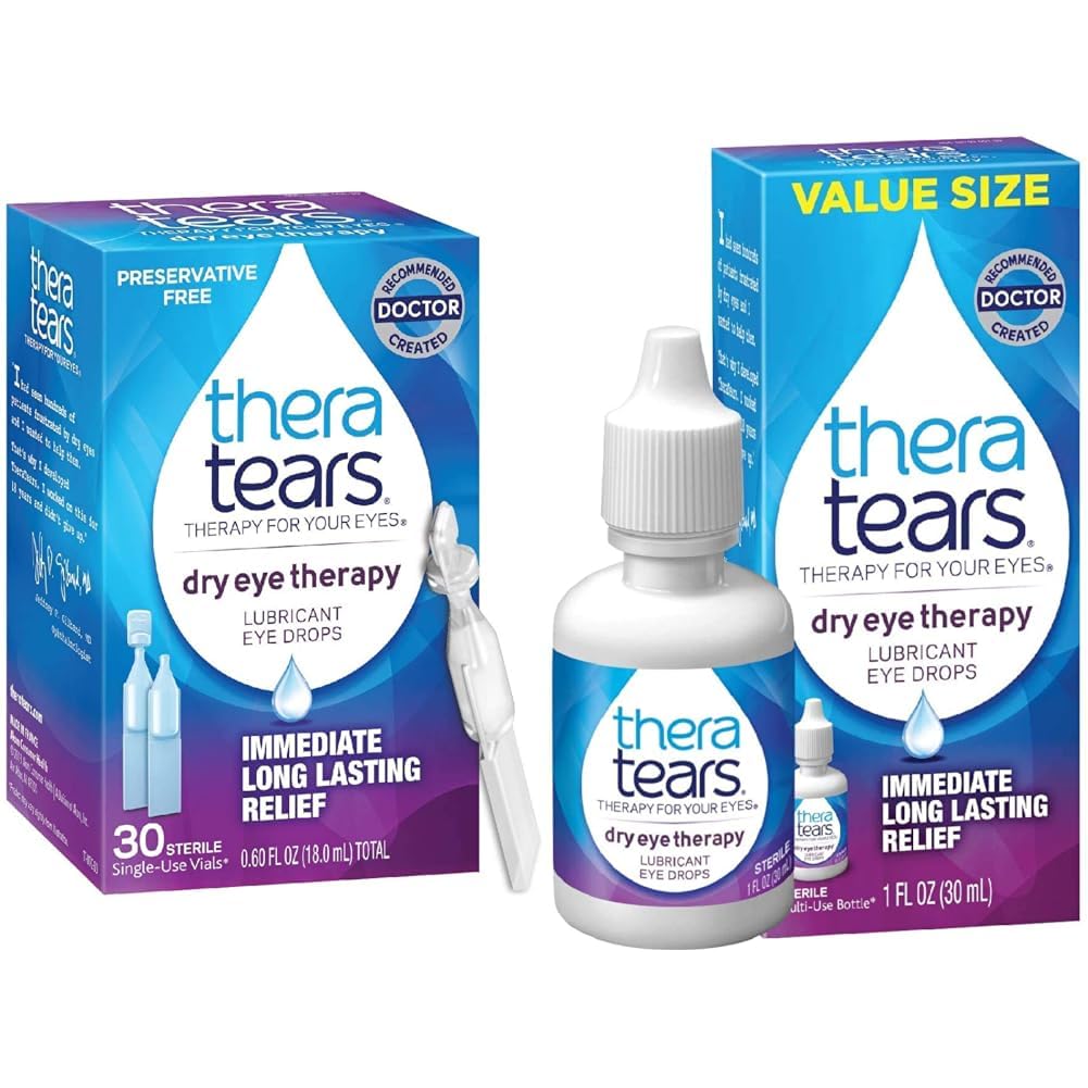 TheraTears Θεραπεία με ξηροφθαλμία Λιπαντικές σταγόνες ματιών για ξηροφθαλμία, συντηρητικές σταγόνες ματιών, 30 φιαλίδια μιας χρήσης & σταγόνες ματιών για ξηροφθαλμία, 1.0 Fl Oz