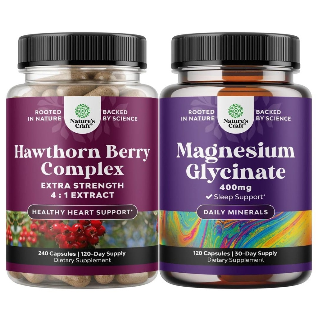 Natures Craf Bundle of Extra Strength Hawthorn Berry Capsules - Extract Digestion and Heart Health Supplement and Pure Magnesium Glycinate 400mg Per Serving for Mood Sleep and Relaxation