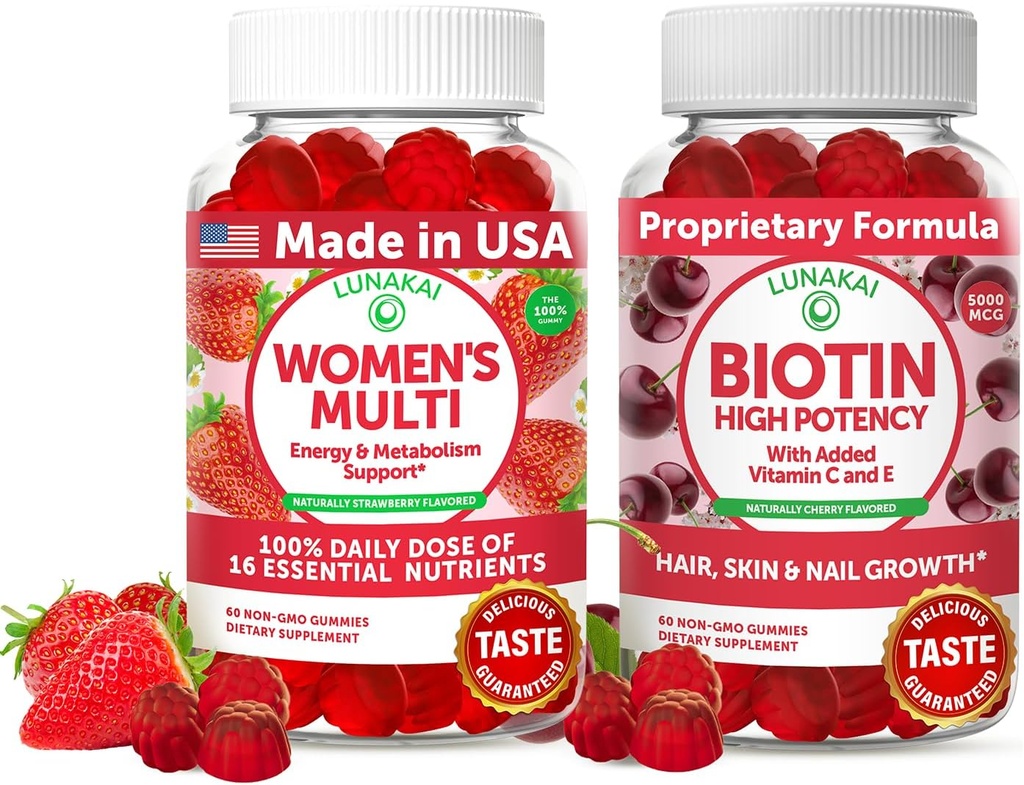 Lunakai USA Made Womens Multivitamin & Biotin Gummies Bundle – Ενέργεια & Hair, Skin, Nail Support – Φυσικά αρωματισμένα – 60 μη-GMO Gummies Καθένα