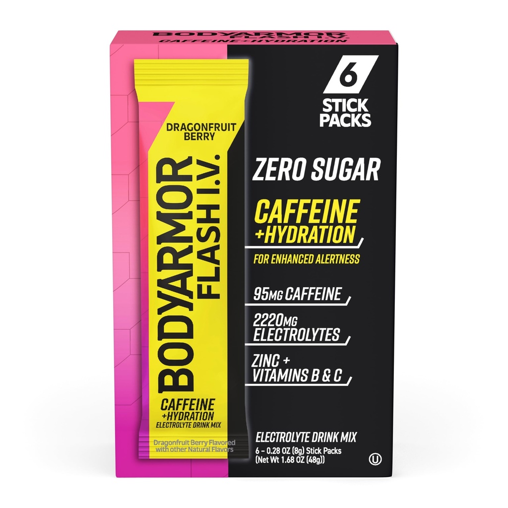 BODYARMOR Caffeinated Flash I.V. Electrolyte Packets - Dragonfruit Berry - Zero Sugar Energy Drink Mix, Single Serv Packs, Hydration for Pre Education, Travel Essentials, Active Lifestyle (6 Count)