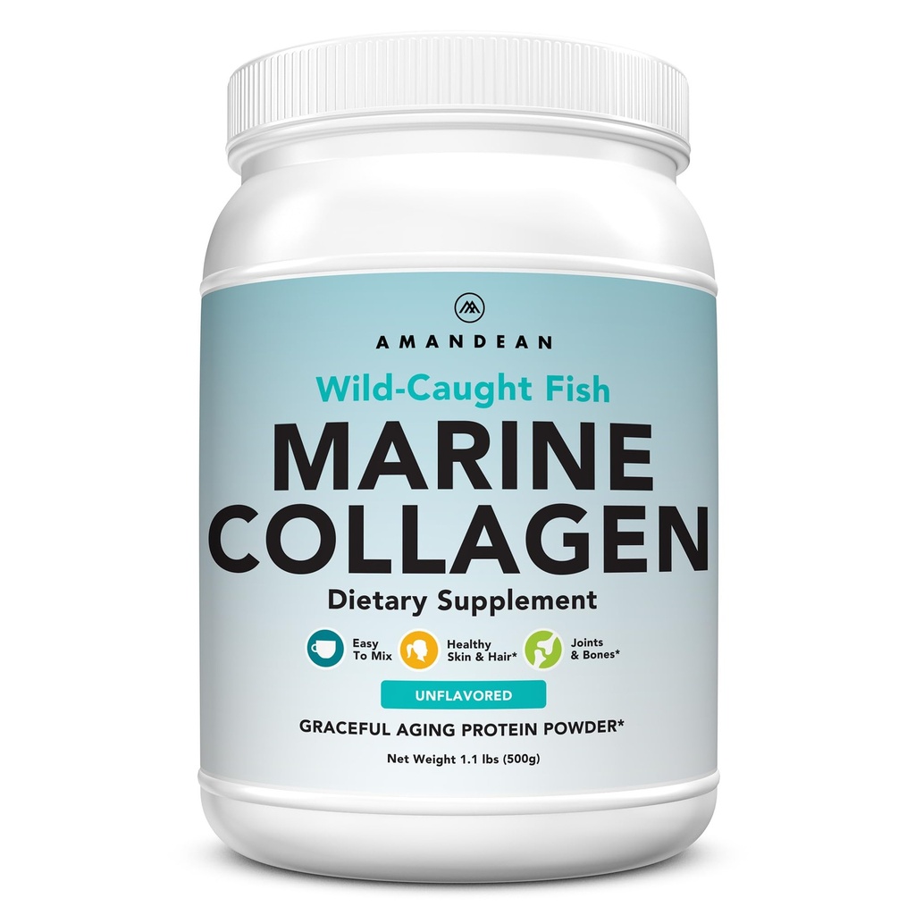 AMANDEAN Marine Collagen Peptides Peptides Powder. 500g Wild-Caught Hydrolyzed Fish Collagen Συμπλήρωμα. 18 Αμινοξέα για το δέρμα, τα μαλλιά, τα νύχια.
