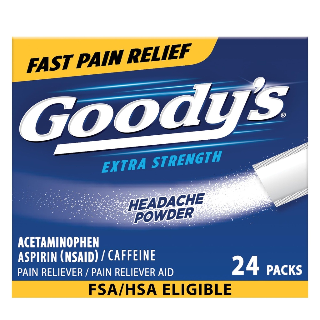 Πονοκέφαλος σκόνης Goody επιπλέον δύναμη ανακούφιση του πόνου, τριπλή δράση ανακούφιση κεφαλαλγία με ασπιρίνη, ακεταμινοφαίνη & καφεΐνη, 24 Count