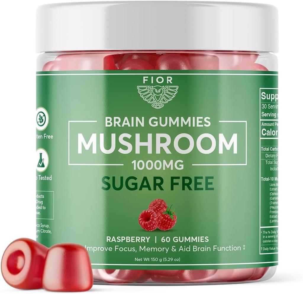 FIOR Φυσικά χωρίς ζάχαρη Gummy Mushroom Σύνολο Mushroom Blend συμπλήρωμα, 60 Count, Multi Mushroom Complex, Lions Mane, Chaga, Cordyceps, Reishi, Turkey Tail, Maitake, Shiitake, King Trumpet