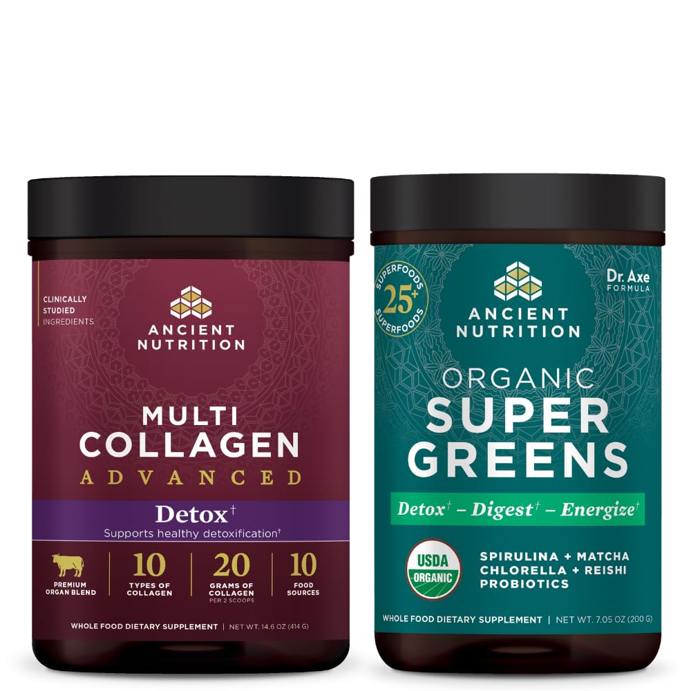 Ancient Nutrition Multi Collagen Advanced Powder Cleanse & Detox, Unflavored, 36 Σερβιέτες + Βιολογικά SuperGreens Powder, Πράσινο Γεύση, 25 Σερβιέτες