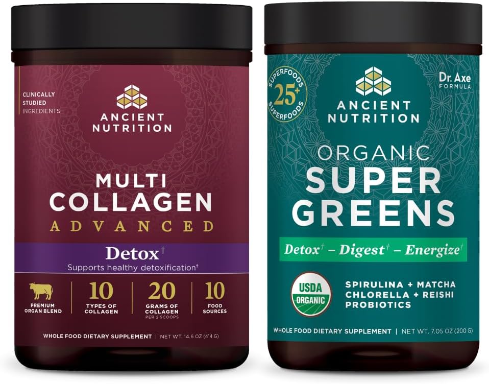 Ancient Nutrition Multi Collagen Advanced Powder Cleanse & Detox, Unflavored, 36 Σερβιέτες + Βιολογικά SuperGreens Powder, Πράσινο Γεύση, 25 Σερβιέτες