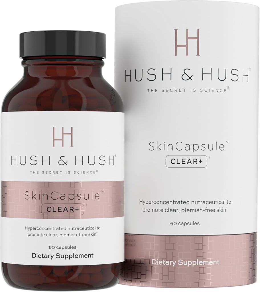 Hush & Hush SkinCapsuleTM Clear+, Skin Care Supplement, Vegan, Acne Θεραπεία για το πρόσωπο, Καθαρά Συμπληρώματα Θρεπτικών που Περιέχει Βιταμίνη Α, Κουρκουμάς, Ρίζα δαντελίωσης, Ψευδάργυρος - 60 κάψουλες