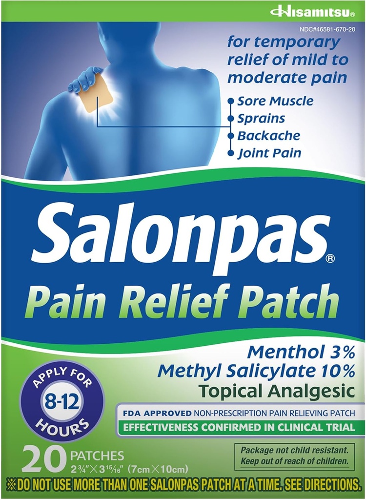 Salonpas Pain Relief Patch, 20 Count (Pack of 1), Έως 12 Ώρες Προσωρινή Ανακούφιση του Ήπιου σε Μέτριο Πόνος, Πόνος, Πονηρός Μυς, Διαστρεβλώσεις, Μώλωπες