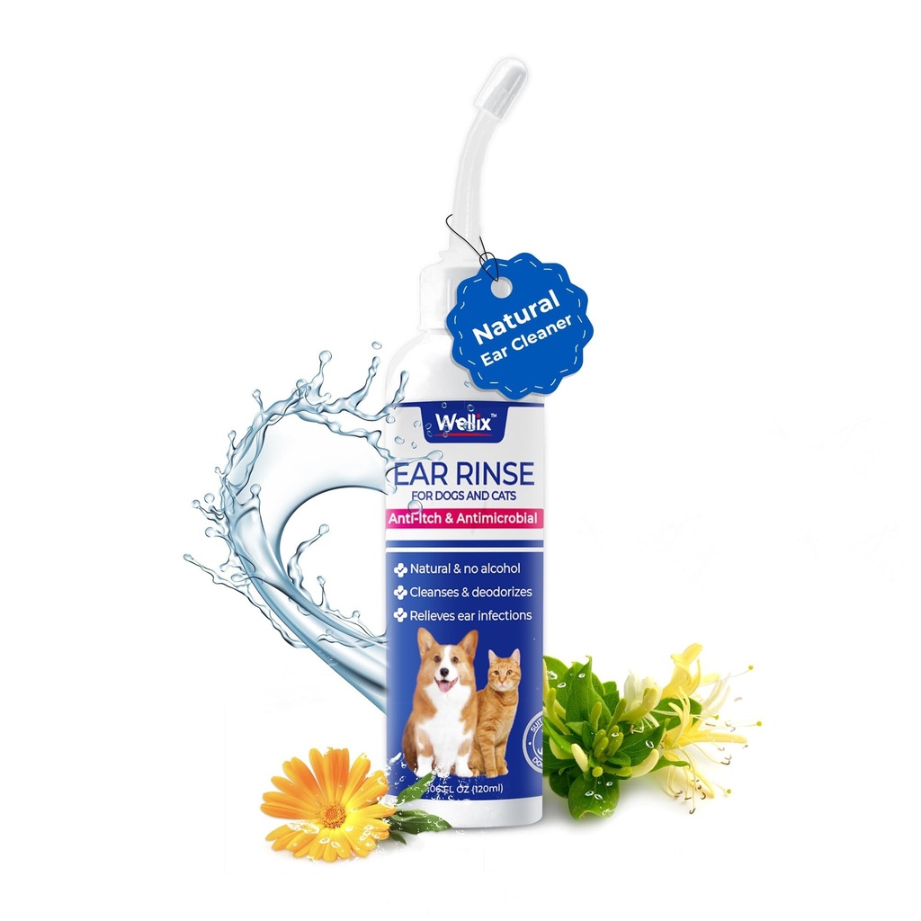 Wellix 120ml Καθαριστικό Αυτιών για Σκύλος & Γάτα - Θεραπεία Λοίμωξης Αυτιών Χωρίς Ερεθισμό - Πλύσιμο Αυτιών Σκύλων για Ανακουφισμό & Καταπραϋντική Φλεγμονή - Κερί Αυτιών, Σκόνη και Σταγόνα Απομάκρυνσης Οντόρ
