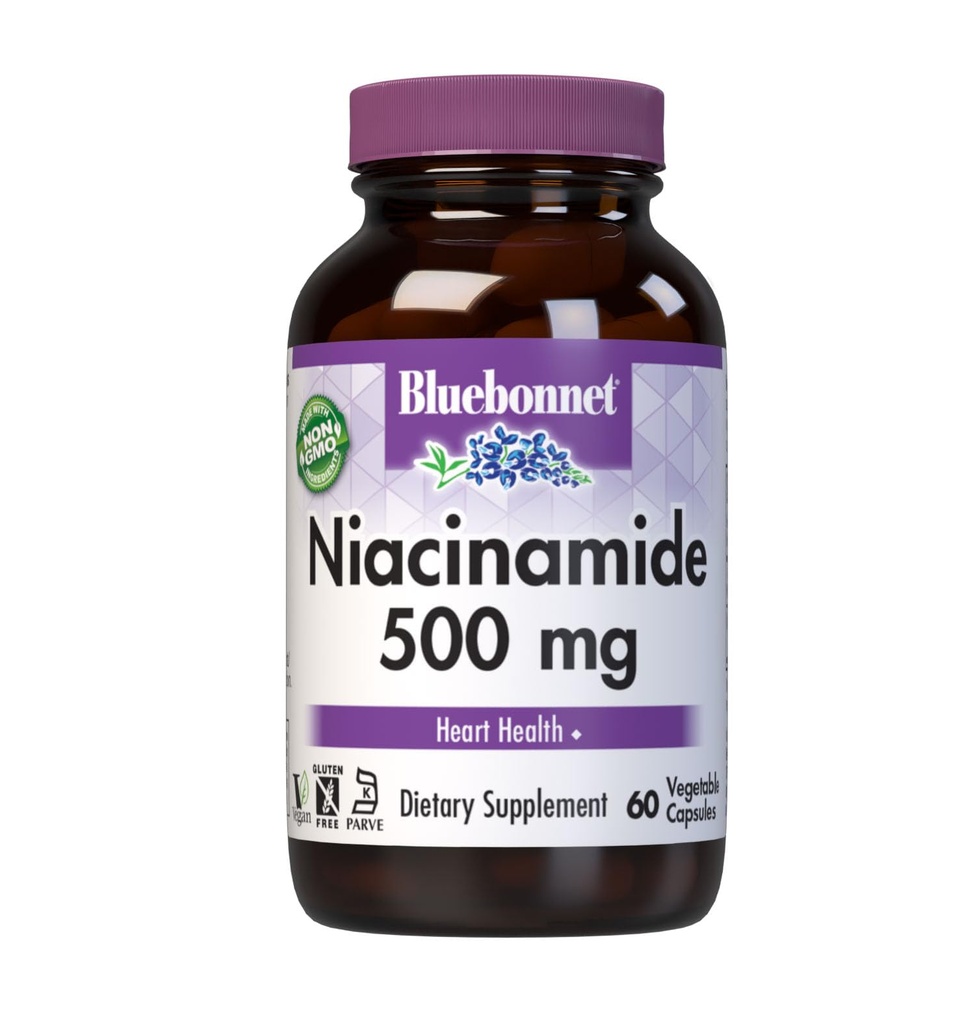 Διατροφή Bluebonnet Niacinamide 500mg, Υποστηρίζει καρδιοαγγειακή υγεία*, χωρίς σόγια, χωρίς γλουτένη, μη ΓΤΟ, Kosher Certified, Γαλακτοκομικά-Free, Vegan, 60 κάψουλες λαχανικών, 60 εξυπηρετούν