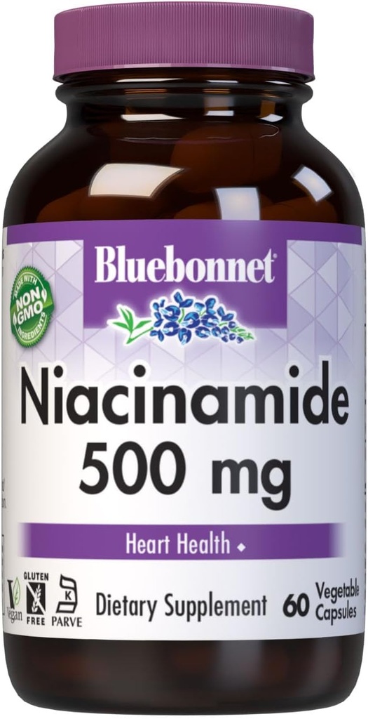 Διατροφή Bluebonnet Niacinamide 500mg, Υποστηρίζει καρδιοαγγειακή υγεία*, χωρίς σόγια, χωρίς γλουτένη, μη ΓΤΟ, Kosher Certified, Γαλακτοκομικά-Free, Vegan, 60 κάψουλες λαχανικών, 60 εξυπηρετούν