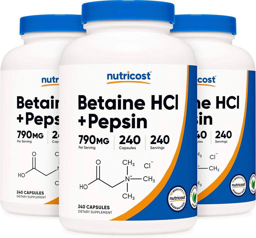 Nutricost Betaine HCl + Pepsin 790mg, 240 κάψουλες, 3 φιάλες (720 κάψουλες)