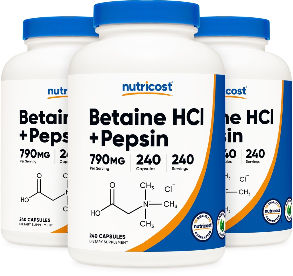 Nutricost Betaine HCl + Pepsin 790mg, 240 Capsules, 3 Bottles (720 Capsules)