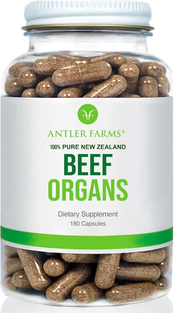 Antler Farms - 100% Pure New Zealand Beef Organs - Heart, Liver, Kidney, 180 Capsules, 400mg - Grass Fed, Cold Processed Supplement, Pure and Clean rBGH Free, No Fillers or Additives