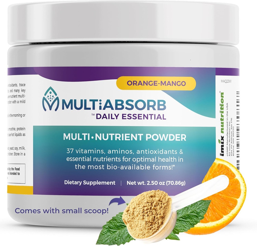 MultiAbsorb~Daily Essential, Multi-Nutrient Powder for Optimal Health, Vitamins, Minerals, Antioxidants, No fillers or Conservatives, Natural, Non-GMO, 30 Servings (Orange-Mango)