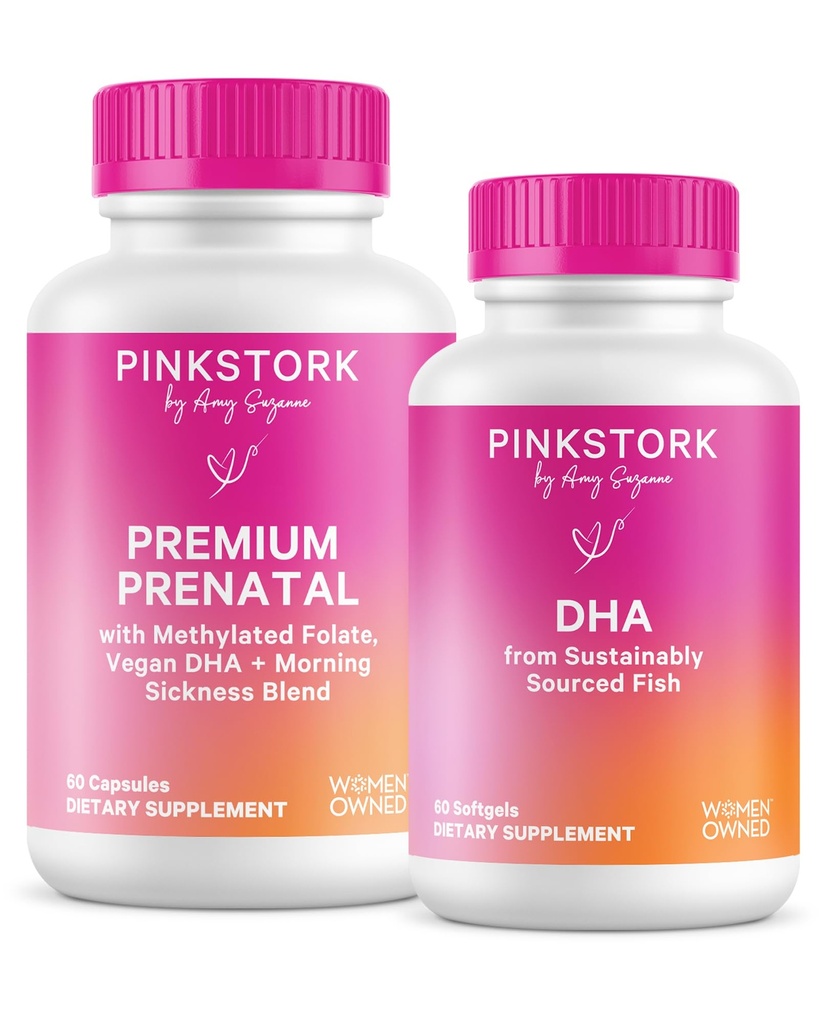Pink Stork Premium Προγεννητικό Duo: Premium Προγεννητική Βιταμίνη + DHA, Προγεννητικά Προβιοτικά για γυναίκες, Ωμέγα 3 + Ιχθυέλαιο, Προγεννητική Βιταμίνη με DHA και Φολικό Οξύ, Γυναίκες-Owned