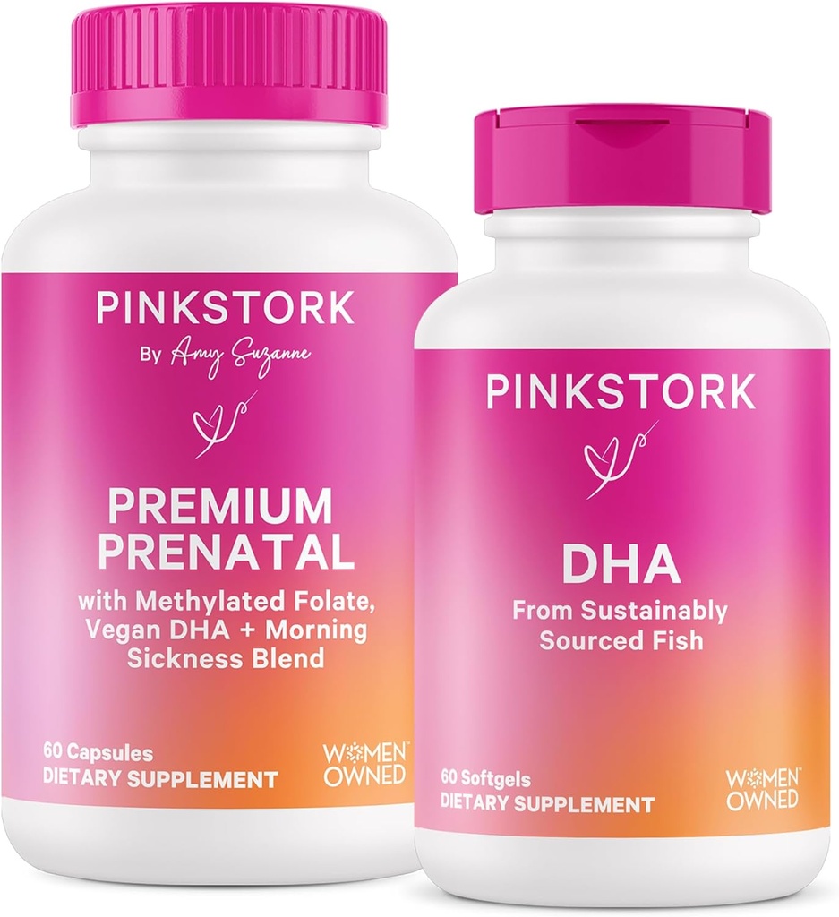 Pink Stork Premium Προγεννητικό Duo: Premium Προγεννητική Βιταμίνη + DHA, Προγεννητικά Προβιοτικά για γυναίκες, Ωμέγα 3 + Ιχθυέλαιο, Προγεννητική Βιταμίνη με DHA και Φολικό Οξύ, Γυναίκες-Owned