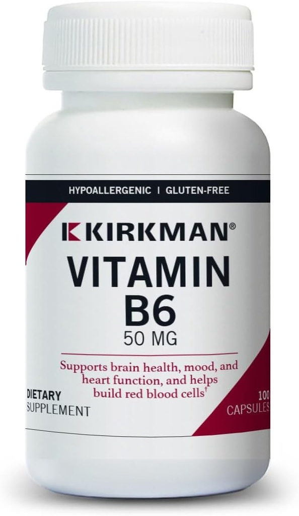 Kirkman Vitamin B-6 50 mg - Hypoallergenic - 100 κάψουλες χορτοφάγων - Γλουτένη / Καζεΐνη Δωρεάν