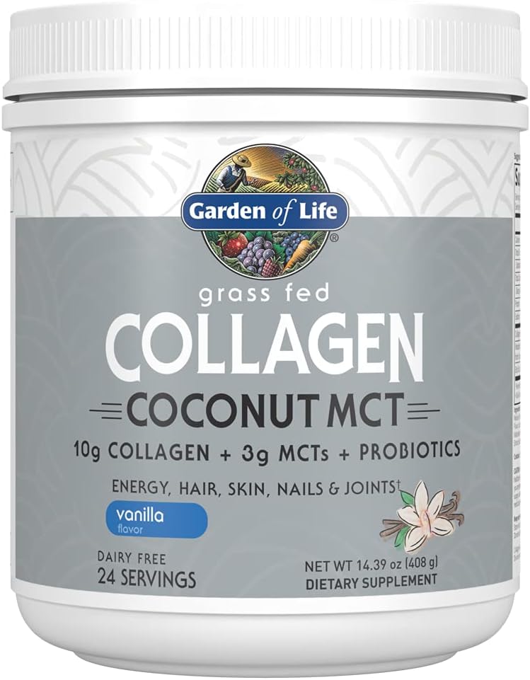 Garden of Life Grass Fed Collagen Coconut MCT Powder - Βανίλια, 24 σέρβις, σκόνη κολλαγόνου για την ενέργεια Καρφάκια δέρματος μαλλιών αρθρώσεις, κολλαγόνο πεπτίδια σκόνη, καρύδα MCTs, Συμπληρώματα πρωτεΐνης κολλαγόνου
