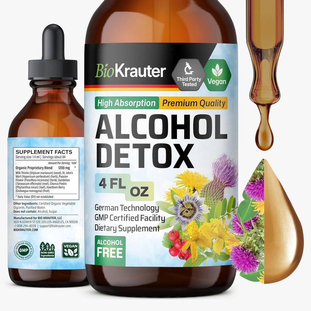BIO KRAUTER Αλκοόλ Detox Βάμμα - Liver Cleanse Formula - Milk Thistle & Dandelion - Liquid Extract Liquid Detox - Αλκοόλ και Ζάχαρη Χωρίς - Vegan Drops 4 Fl.Oz.