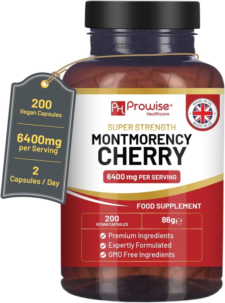 Montmorency Cherry 6400mg - 200 κάψουλες ταρτ Cherry - Φυσικό εκχύλισμα ταρτ Cherry για άνδρες και γυναίκες – Σούπερ δύναμη, χωρίς γλουτένη, Vegan και GMO Δωρεάν - Made in The UK by Prowise
