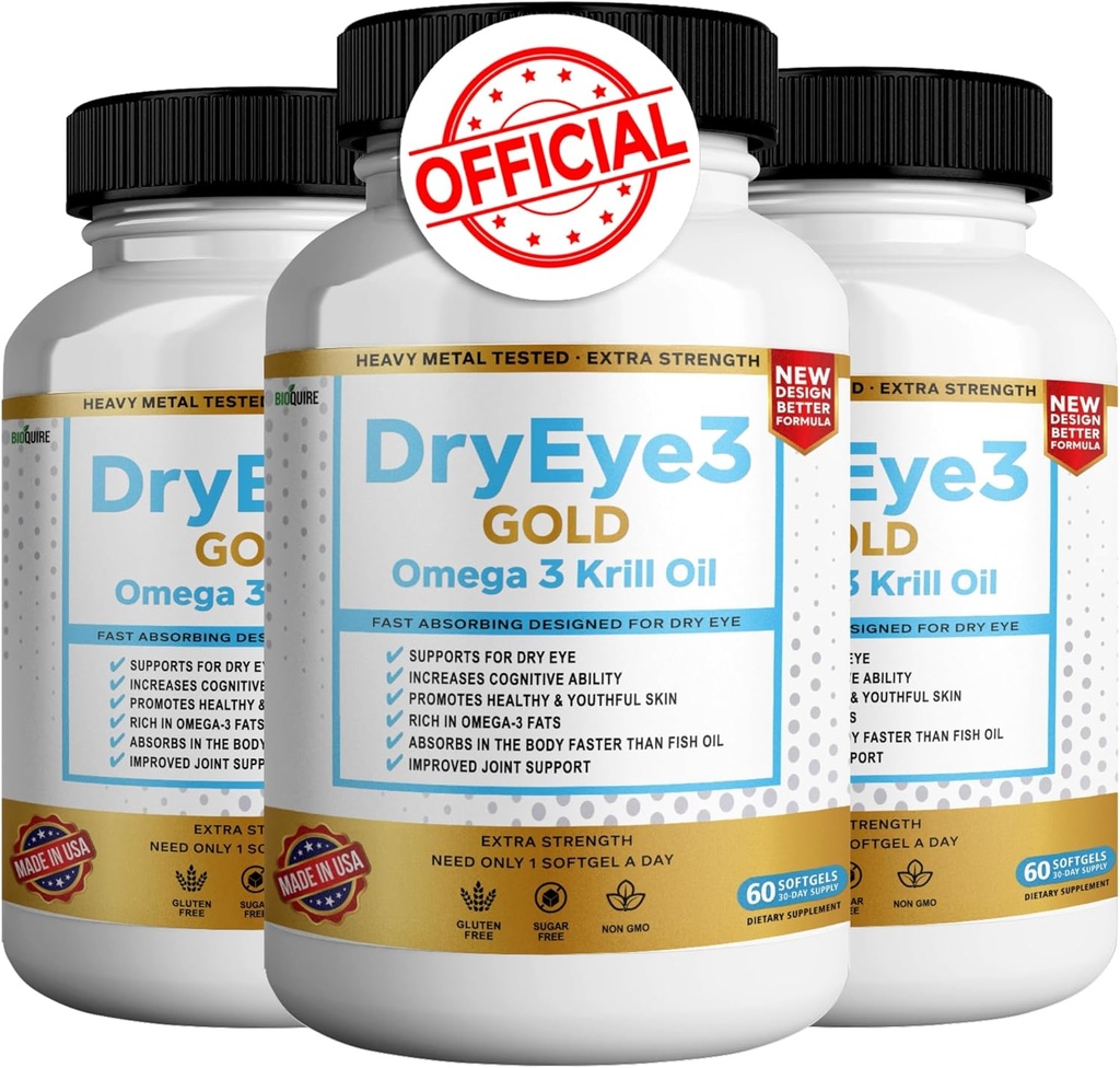 Ξηρό μάτι 3 χρυσό Omega 3 Krll Oil επιπλέον δύναμη, 60 Softgels, ξηροφθαλμία υποστήριξη, μη GMO, χωρίς γλουτένη, χωρίς ζάχαρη (3)