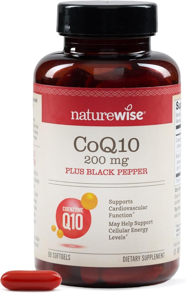 NatureWise CoQ10 200mg + Black Pepper Softgels - Υψηλή Απορρόφηση Συνένζυμο Q10 + Μαύρο Πιπέρι - Αντιοξειδωτικό για την Υγεία της Καρδιάς + Κυτταρική Ενέργεια - Vegan, Μη-ΓΤΟ, Χωρίς Γλουτένη - 90 Count[90-Day Supply]