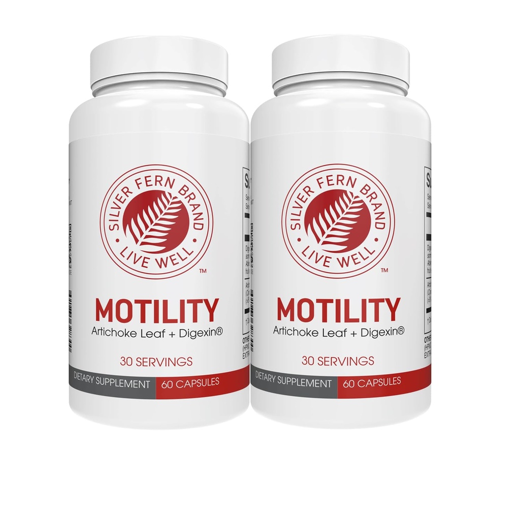 Silver Fern Brand Motility- Μη-Λακτική δυσκοιλιότητα και αργή ενίσχυση κινητικότητας - 120 κάψουλες, 60 ημέρες προσφοράς - Περιέχει φύλλο Artichoke, Τρυφερά λοβοί Okra, & Χειμωνιάτικο κεράσι