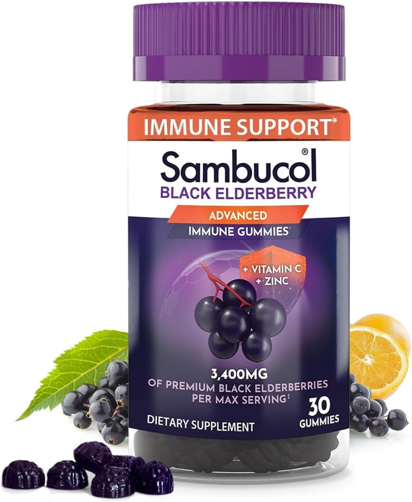 Sambucol Black Elderberry Gummies - Elderberry με ψευδάργυρο και βιταμίνη C για ενήλικες, Sambucus Gummies, ανοσοποιητική υποστήριξη - 30 κόμης