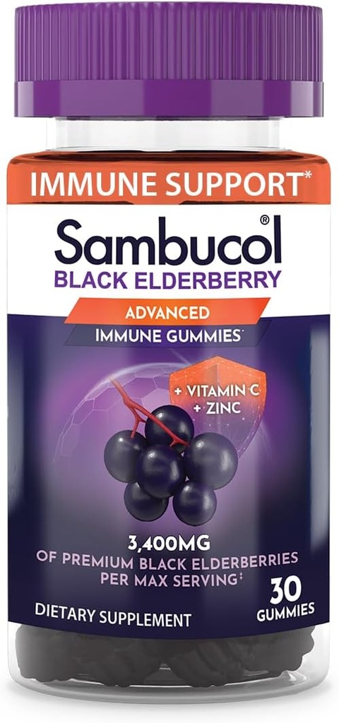 Sambucol Black Elderberry Gummies - Elderberry με ψευδάργυρο και βιταμίνη C για ενήλικες, Sambucus Gummies, ανοσοποιητική υποστήριξη - 30 κόμης