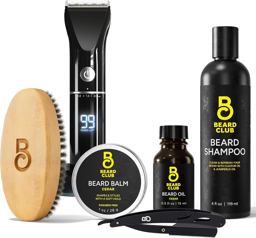 The Beard Club Grooming Bundle: Trimmer for Men & Care Kit - Includes Cordless Electric Trimmer, Straight Edge Razor, Shampoo, Cedar Balm & Oil, Brush - 8 Guides, 45 Lengths