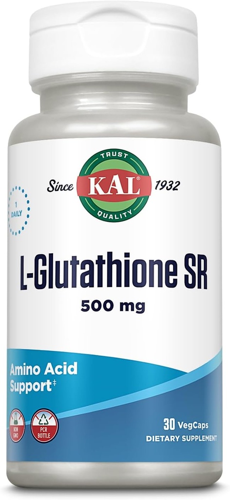 KAL L-Glutathione SR, Μειωμένο συμπλήρωμα γλουταθειόνης, Υψηλή Απορρόφηση Αντιοξειδωτικό συμπλήρωμα, Εργαστήριο Επαληθευμένο, 30 Μερίδες, 30 VegCaps
