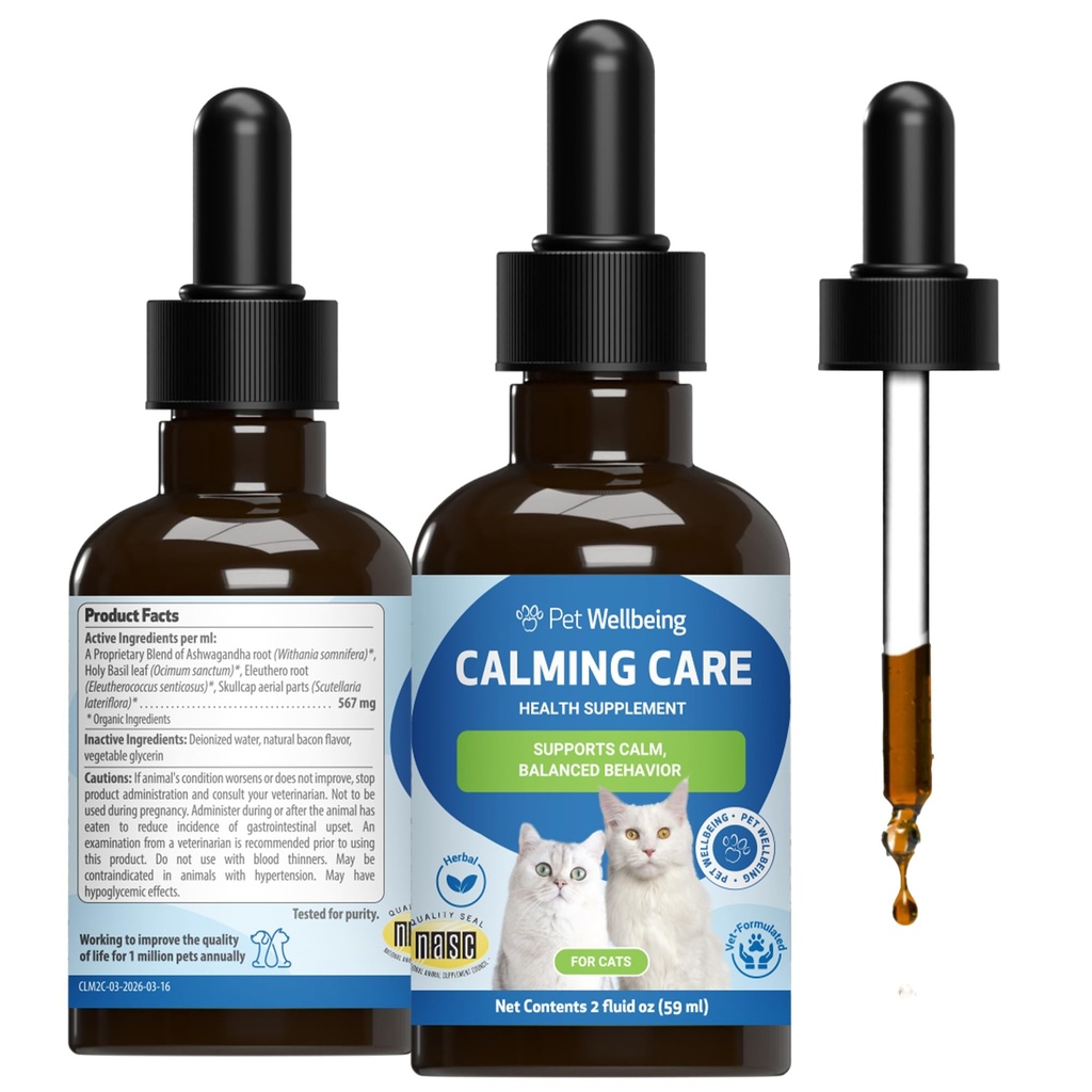 Pet Wellbeing Calming Care for Cats - Vet-Formulated Συμπεριφορά Υποστήριξη - Feline Stress Υποστήριξη, Συναισθηματική Ευεξία - Ashwagandha & Holy Basil Adaptogen - Ολιστική Συμπλήρωμα Γάτας 2 oz (59ml)