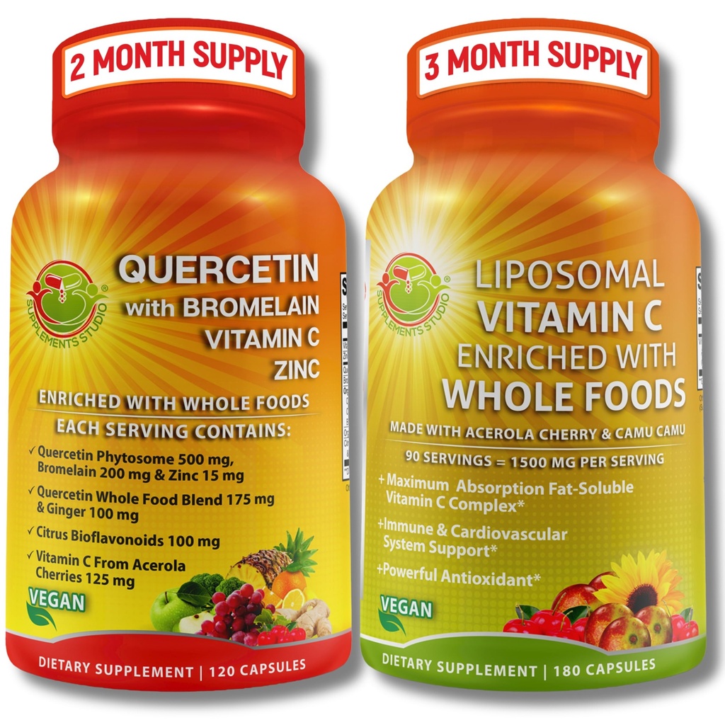 Quercetin with Bromelain, Vitamin C & Zinc & Liposomal Vitamin C 1500mg – Immune Support Bundle with Organic Acerola Cherry, Camu Camu & Whole Food Antioxidants – Vegan, Non-GMO, Clean Label