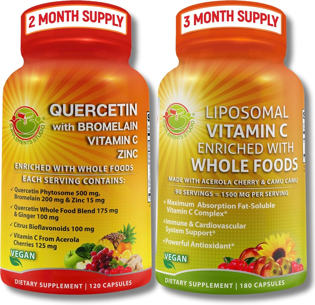Quercetin with Bromelain, Vitamin C & Zinc & Liposomal Vitamin C 1500mg – Immune Support Bundle with Organic Acerola Cherry, Camu Camu & Whole Food Antioxidants – Vegan, Non-GMO, Clean Label