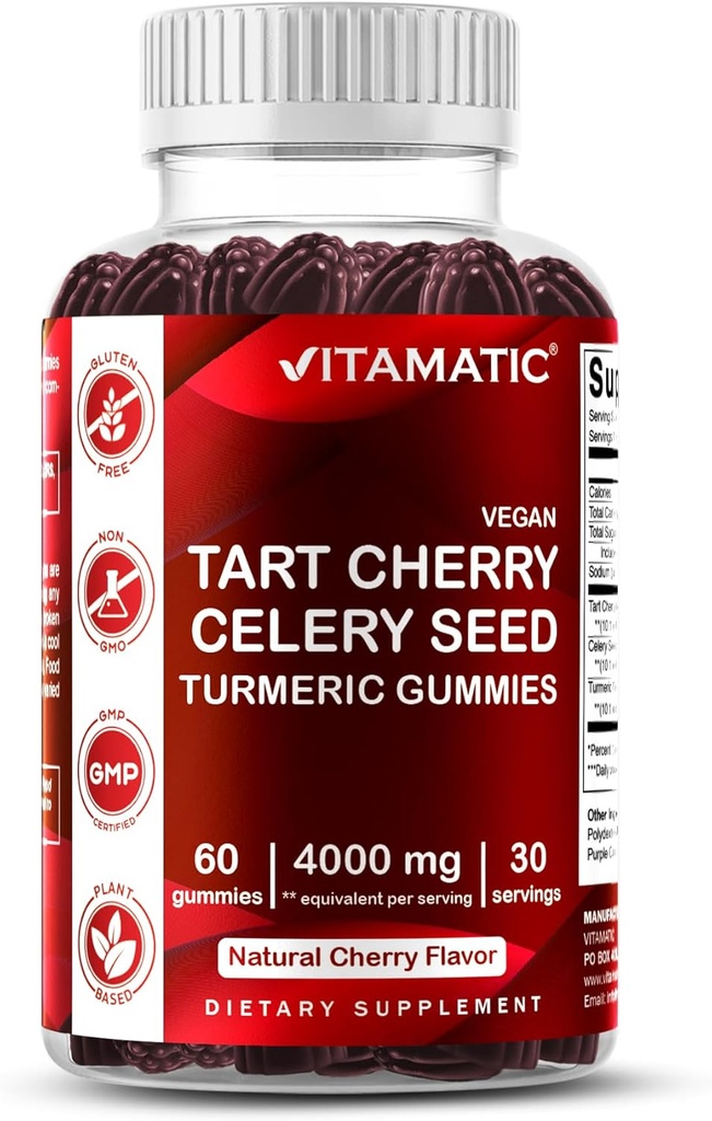 Vitamatic Tart Cherry with Celery Seed Gummies - 4000mg Ισοδύναμο ανά υπηρεσία (από 10:1 Extract 400 mg)