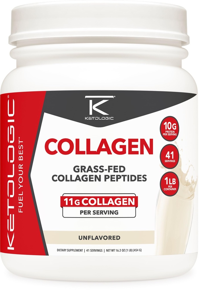 Ketologic Grass Fed Collagen Hydrolysate Powder (Unflaved) (1 LB) - 41 εξυπηρετήσεις, 11 G Collagen Per Serving, 10 G πρωτεΐνη ανά υπηρεσία - Grass-fed Κολλαγόνο Πεπτίδια