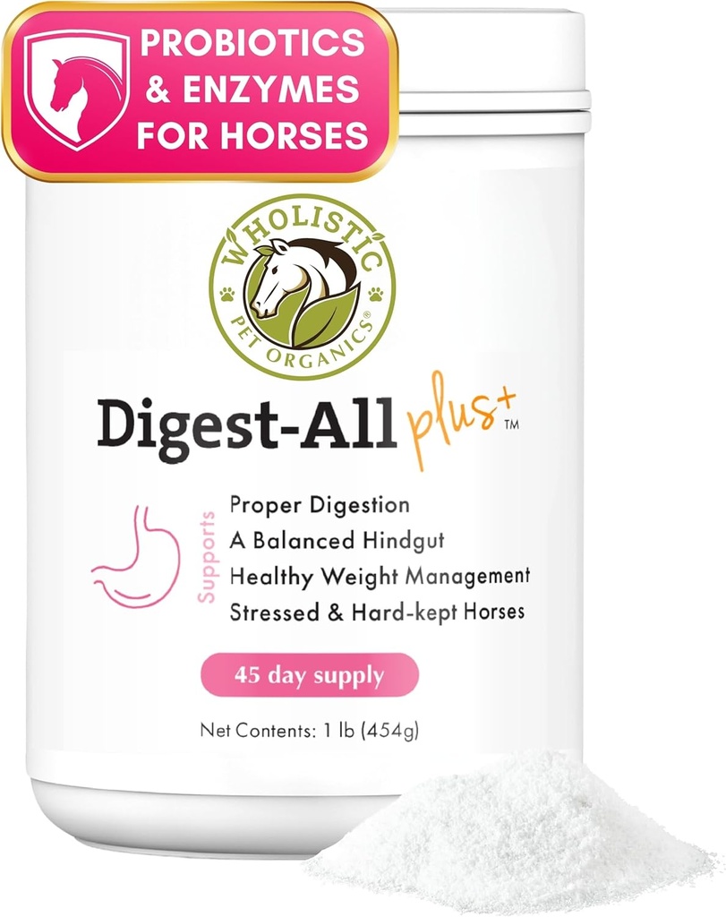 Wholistic Pet Organics Digest-All Plus: Probiotics Horse Powder - 1 Lb - Προβιοτικά Equine και Προβιοτικά με Digestive Ένζυμα - Συμπληρώματα Equine Digestive για Αέριο, Δυσκοιλιότητα και Υγεία των Ούλων