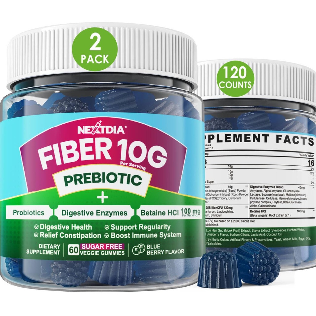 Φάιμπερ Gummies για ενήλικες, ζάχαρη δωρεάν 10g Prebiotic Fiber συμπλήρωμα με Digestive Ένζυμα, Προβιοτικά & 100mg Betaine για Digestive & Gut Health and Regulate Bowel Movement, Vegan, Gelatin Free,120ct