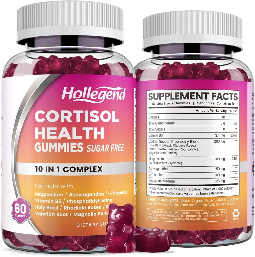 Cortisol Συμπληρώματα για γυναίκες άνδρες, Cortisol Gummies με Ashwagandha, Μαγνήσιο, L-Θεανίνη, Phosphatidylserine, B6 για Cortisol Detox, Relaxation, Sleep, Focus, Sugar-Free, Vegan, 120