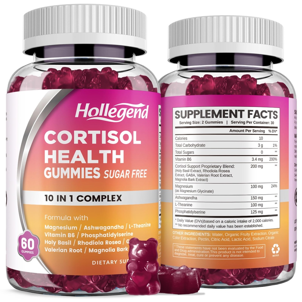 Cortisol Supplements for Women Men, Cortisol Gummies with Ashwagandha, Magnesium, L-Theanine, Phosphatidylserine, B6 for Cortisol Detox, Relaxation, Sleep, Focus, Sugar-Free, Vegan, 120