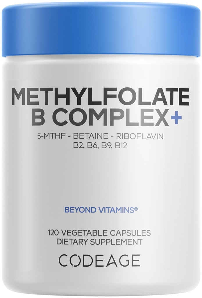 Codeage Methylfolate B Complex Supplements - 5 MTHF, Methylcobalamin 1000mcg Μεθυλοποιημένη Βιταμίνη Β12, Ριβοφλαβίνη, Βεταίνη, Βιταμίνες Β6, Κύκλος μεθυλίωσης MTHFR - 2 Μήνες - 120 Κάψουλες