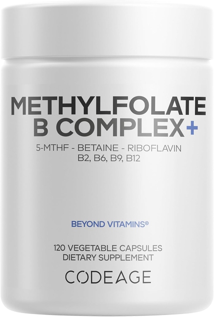 Codeage Methylfolate B Complex Supplements - 5 MTHF, Methylcobalamin 1000mcg Methylated Vitamin B12, Riboflavin, Betaine, Vitamins B6, Methylation Cycle MTHFR - 2 Months - 120 Capsules