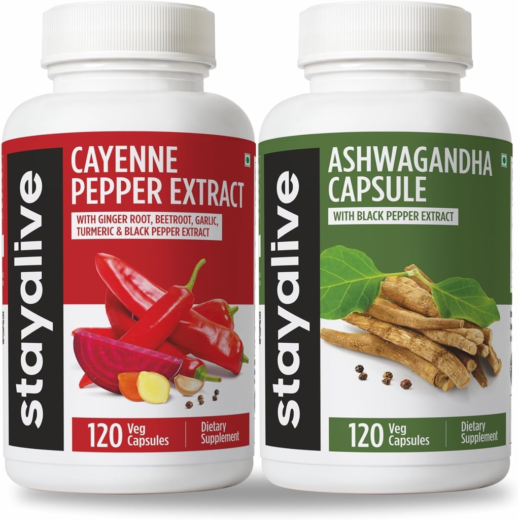 STAY ALIVE Καγιέν και Ashwagandha Bundle w/Black Pepper Extract Capsules, 240 Vegan Pills, Non-GMO & Gluten Free Ashwagandha Cayenne Pepper Συμπλήρωμα