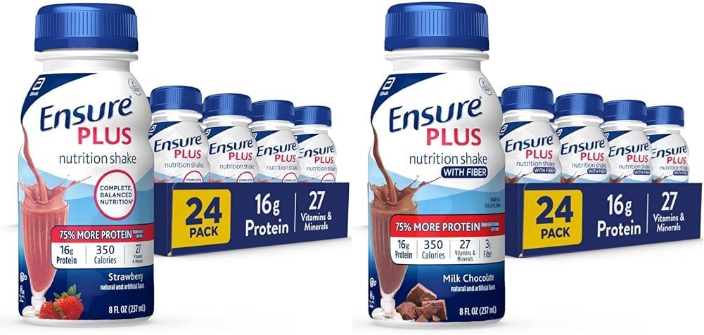 Ensure Plus Nutrition Shake with 16 Grams of Protein & Ensure Plus Nutrition Shake With Fiber, 16 Grams of Protein, Meal Replacement Liquid, Milk Chocolate, gluten free, 8 Fl Oz (Pack of 24)