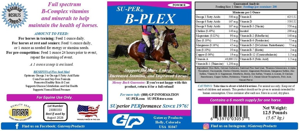 SU-PER B-Plex Powder Equine Vitamins - Complete B-Complex Horse Vitamins and Minerals Supplement - Healthy Hooves, Red Blood Cells, Horse Calming Powder - 12.5 Pounds, 6 Month Supply (180 Days)