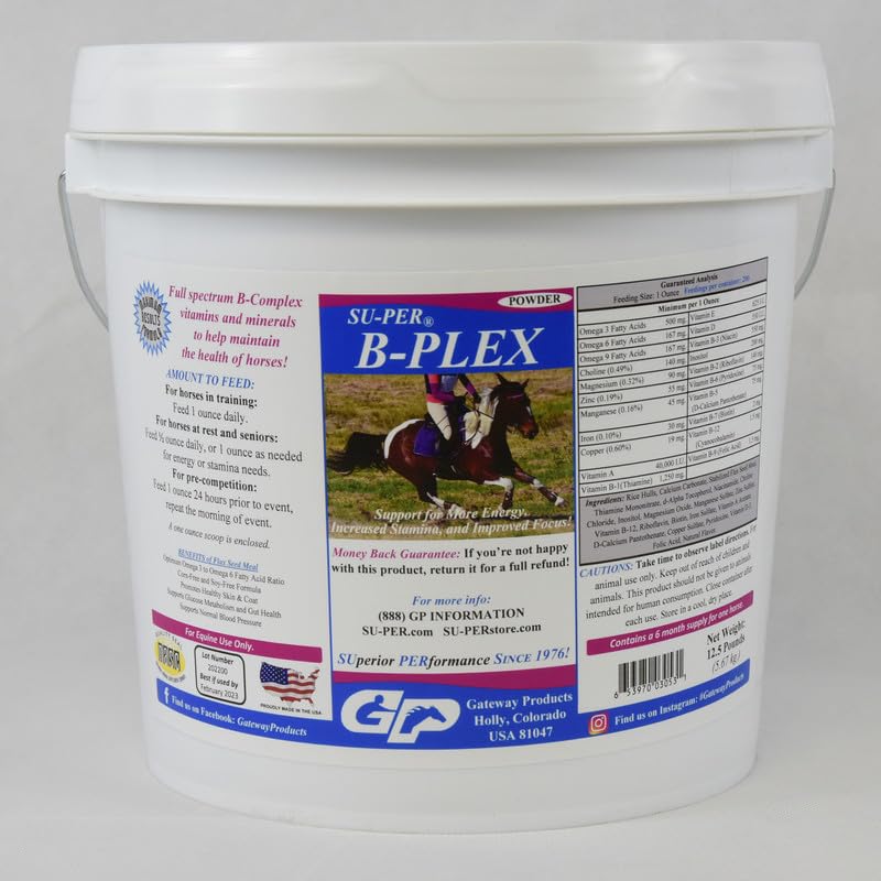 SU-PER B-Plex Powder Equine Vitamins - Complete B-Complex Horse Vitamins and Minerals Supplement - Healthy Hooves, Red Blood Cells, Horse Calming Powder - 12.5 Pounds, 6 Month Supply (180 Days)