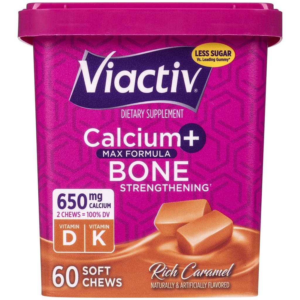 Viactiv Calcium + Vitamin D συμπλήρωμα μαλακά μάσημα για γυναίκες & άνδρες - Μασώμενο ασβέστιο για την υποστήριξη της υγείας των οστών, 650 mg ανά υπηρεσία, βιταμίνη D & K για υψηλή απορρόφηση - 60 Count, Caramel